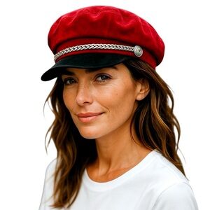 Red Cabbie Hat Silver Braided Rope & Button Accent Detail Chauffeur Cap New!